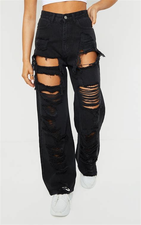 Washed Black Ripped Baggy Boyfriend Jeans Prettylittlething Ca