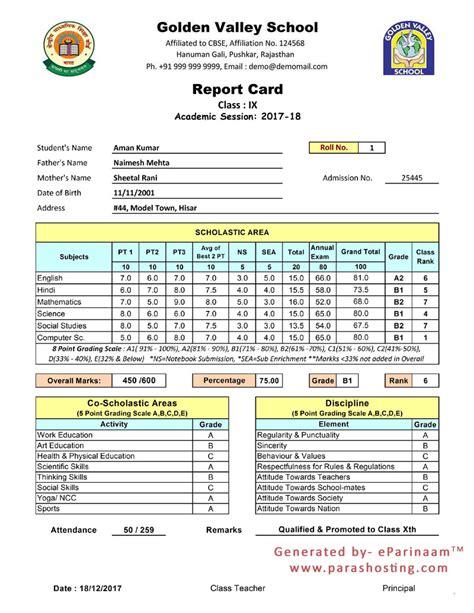 Cbse Report Card Sample Of Class 9th And 10th New Format 2017 18