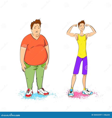 Fat Overweight And Fit Athletic Sport Man Show Stock Vector