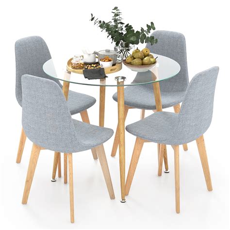 Gymax 5 Pcs Dining Set Round Tempered Glass Table 4 Fabric Chairs Solid