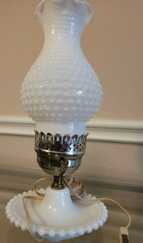 Vintage White Hobnail Milk Glass Electric Hurricane Lamp Ruffled Chimney Works Antique