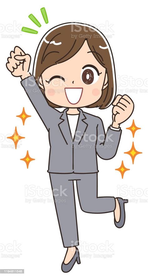 A Business Woman In A Gray Suitshe Pushes Her Fist Up Stock