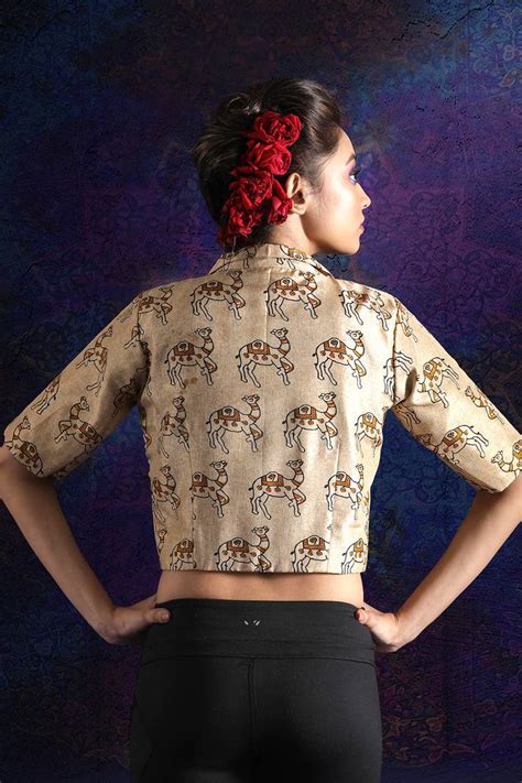 Beige Camel Printed Silk Blouse With Collar Roopkatha 2823212