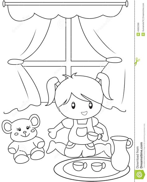 Cute Little Girl Playing Indoors Coloring Page Stock Illustration