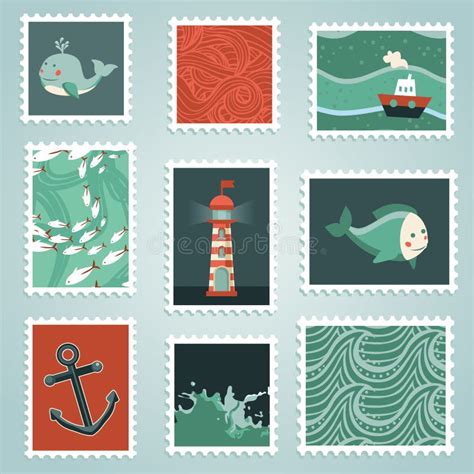 Vector Set Of Retro Sea Stamps Stock Vector Illustration Of Element