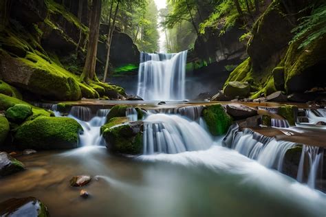 Premium Ai Image A Waterfall In A Forest With Green Moss And Trees