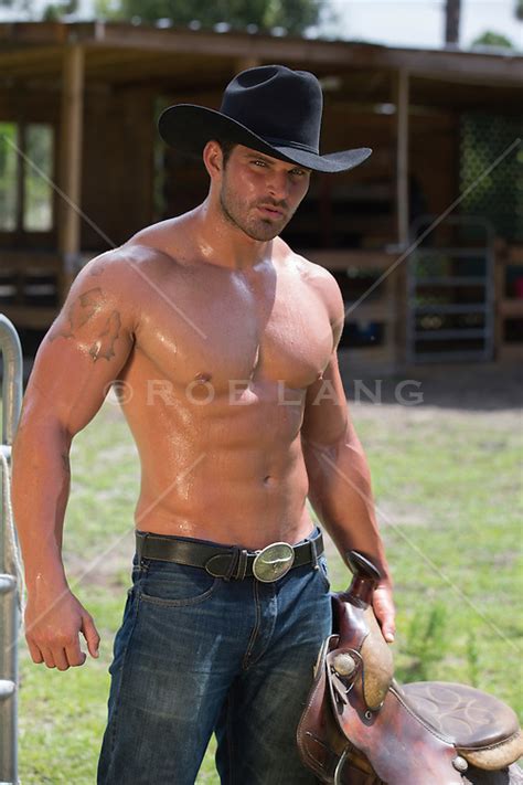 Shirtless Sexy Cowboy With A Saddle Sweaty Shirtless Cowboy With A