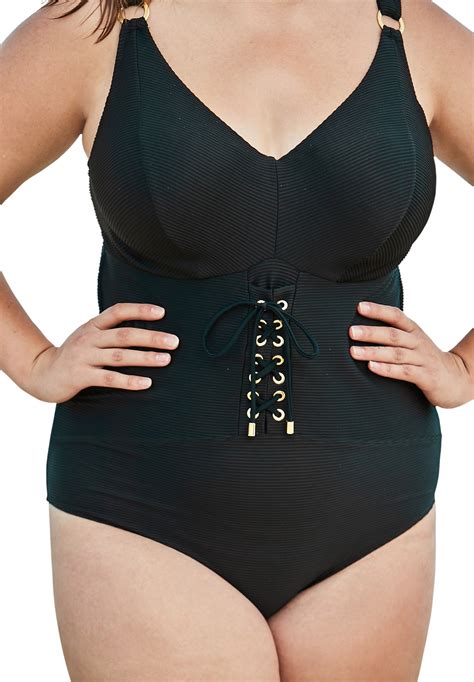 Swimsuits For All Womens Plus Size Ribbed Underwire One