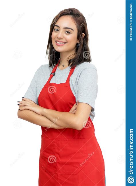 Modern Caucasian Waitress With Red Apron Stock Image Image Of Cooking