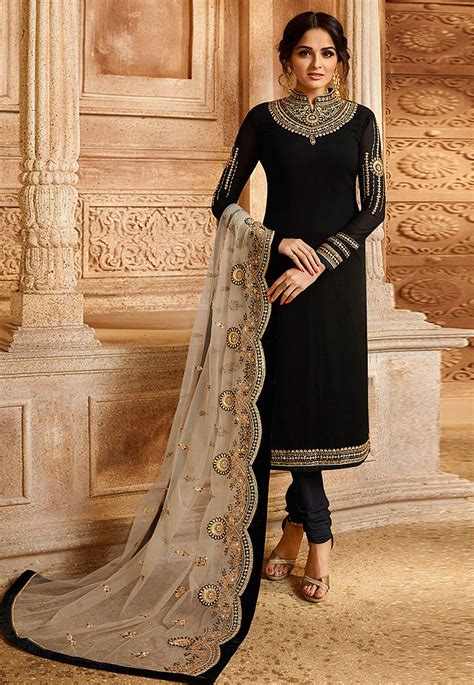 Buy Embroidered Georgette Straight Suit In Black Online Kch2496