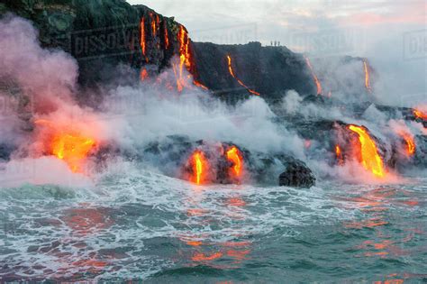 Lava Flow From Kilauea Volcano Flowing Into The Pacific Ocean Kalapana