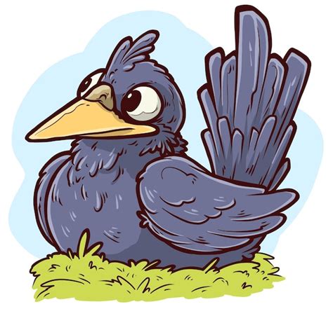 Dibujos Animados Divertido Lindo Sentado Cuervo Pájaro Vector Icono