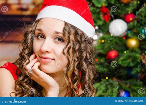 Portrait Of A Cheerful Girl In Christmas Setting Stock Photo Image Of