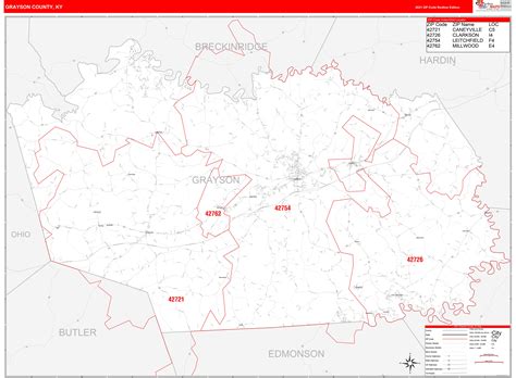 Grayson County Ky Zip Code Wall Map Red Line Style By