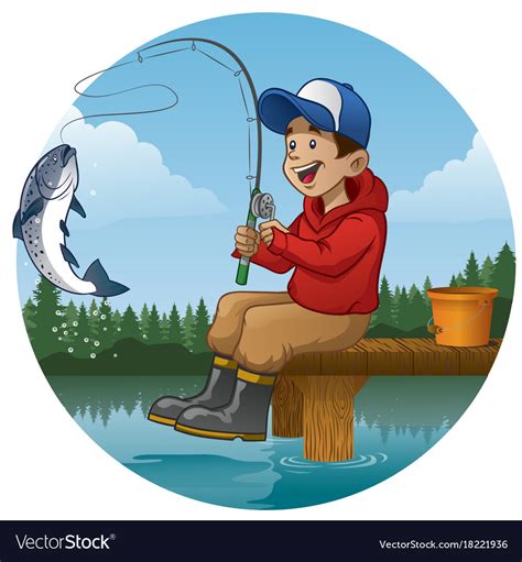 Cartoon Boy Enjoying Fishing In The Lake Vector Image