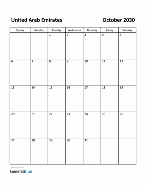 October 2030 Monthly Calendar With United Arab Emirates Holidays