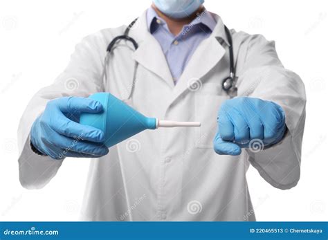 Doctor Demonstrating How To Use Enema On White Closeup Stock Image