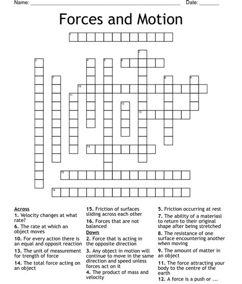 Forces And Motion Crossword Wordmint