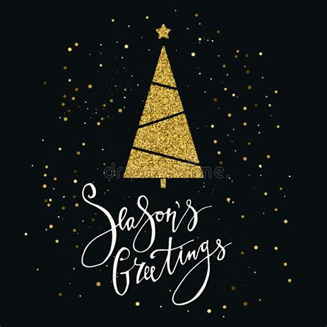 Seasons Greetings Card With Gold Glitter Christmas Tree And Snowflake