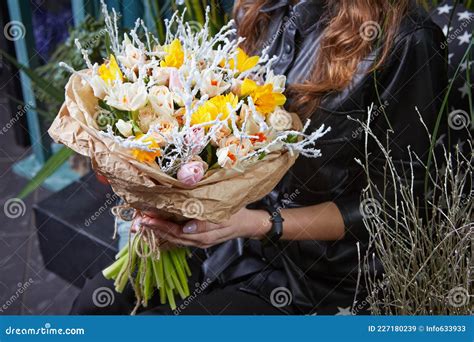Woman Holding A Beautiful Colourful Blossoming Flower Bouquet Fresh