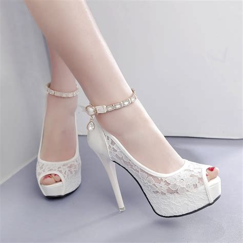 Ruideng Women Super High Heel Wedding Pumps 12cm Peep Toe Sweet Sexy Party Shoes Lady Lace