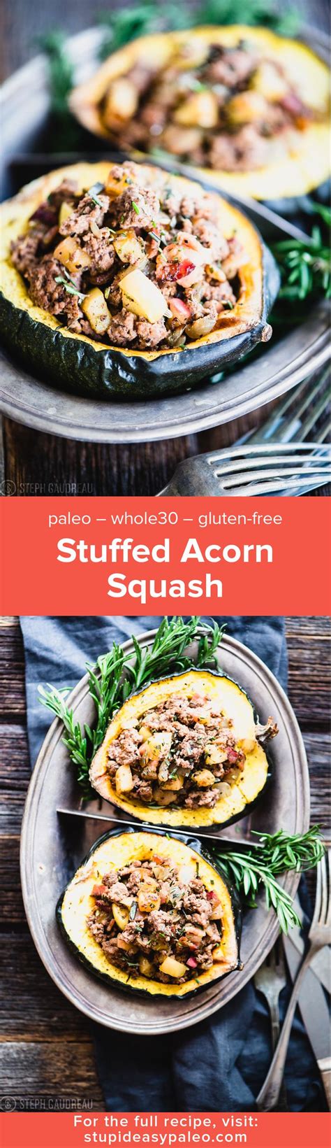 Stuffed Acorn Squash On A Plate With Text Overlay