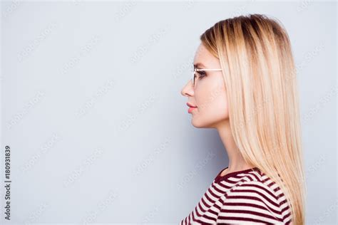 Close Up Side View Profile Portrait Of Perfect Serious Woman In Casual