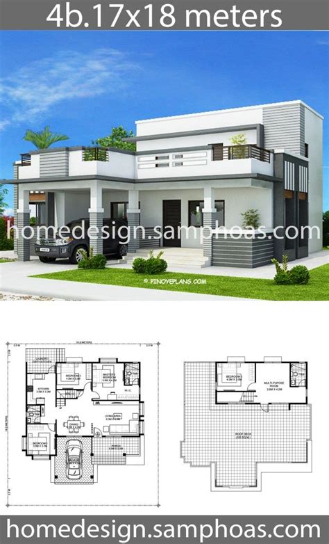 House Plans 17x18m With 4 Bedrooms Home Ideassearch Modern Bungalow