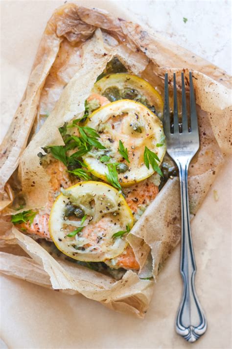 Lemon Butter Capers Salmon Baked In Parchment Paper Fig And Olive Platter