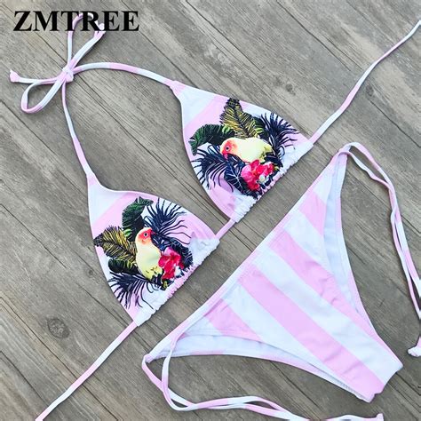 Zmtree Bird Printed Swimwear Women Sexy Bikini Set Stripped Bathing
