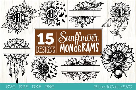 Sunflower Monograms Svg Bundle 15 Designs Blackcatssvg