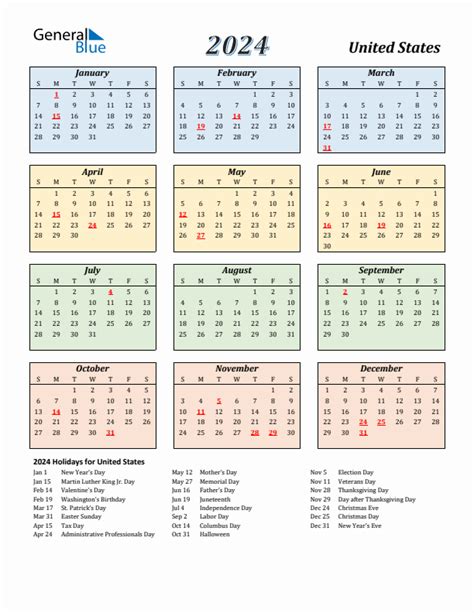 2024 United States Calendar With Sunday Start