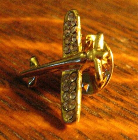 Rhinestone Airplane Lapel Pin Vintage Gold Pilot Propeller Plane