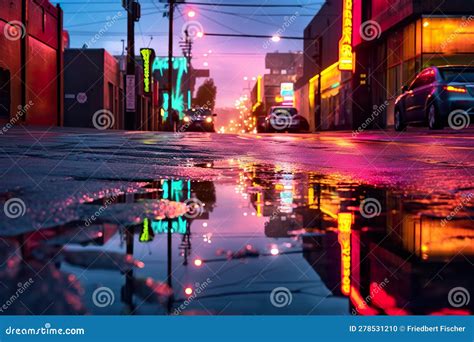 A Puddle Of Water On A City Street Generative Ai Image Stock Photo
