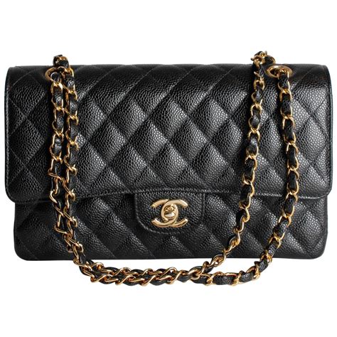 Chanel 255 Caviar Medium Classic Double Flap Bag Blackgold For Sale