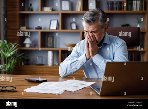 Depressed Adult Man Calculating Monthly Expenses Mad Gray Haired