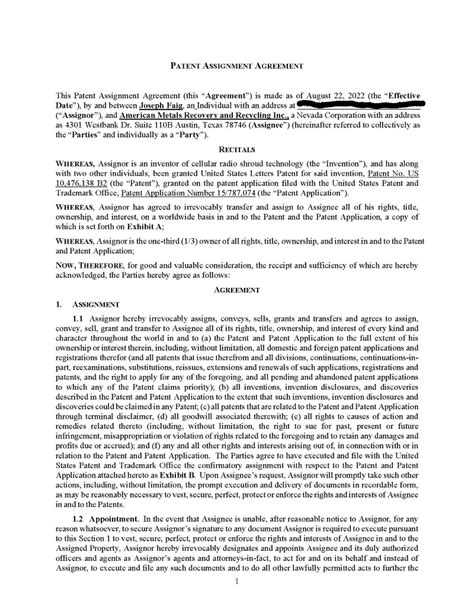 Patent Assignment Agreement Effective August 22 2022 By And