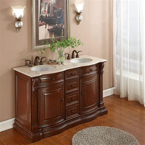 Bathroom double sink vanity with small make up area in its central part. 60" Double Sink Vanity in Brazilian Rosewood with Marble ...