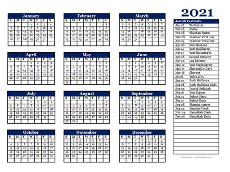 2021 Jewish Festivals Calendar Template - Free Printable Templates