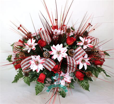 Xl Beautiful Christmas Poinsettias W Gorgeous Peppermint Ribbon