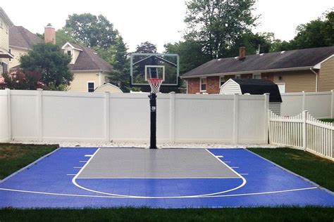 A typical concrete pad for a backyard basketball court will consist of a 4″ pad with steel reinforced rebar and saw cut expansion joints. 20' x 25' Basketball Court - DunkStar DIY Backyard Courts ...