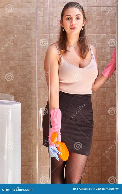 Maid Is Cleaning In The Bathroom Stock Photo Image Of Clean Cleaner