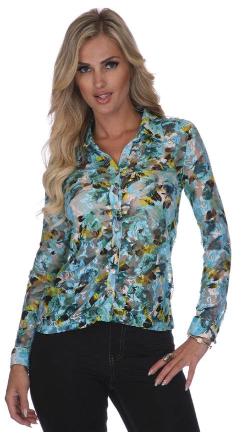 Maybe you would like to learn more about one of these? White Mark Women's Teal Floral Lacy Button-Down Shirt