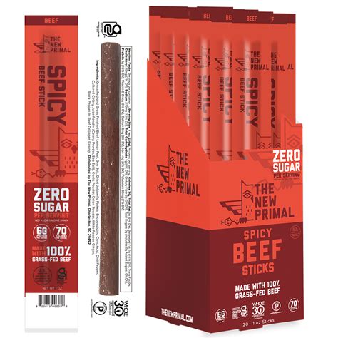 Spicy Beef Meat Sticks 100 Grass Fed Beef Zero Sugar 20 Sticks The New Primal