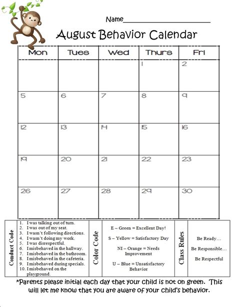 Behavior Calendar Example Calendar Printable