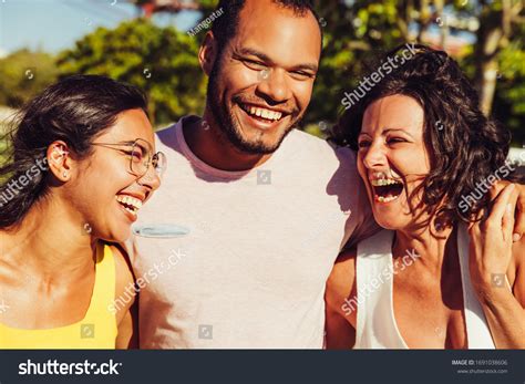 Happy Friends Laughing Park Group Cheerful Stock Photo 1691038606