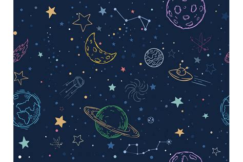 Color Seamless Space Pattern Hand Drawn Planets Cosmic Galaxy Textur