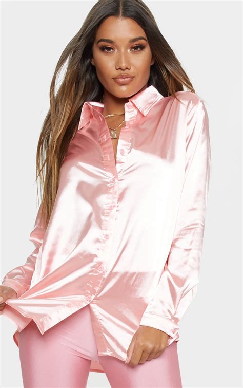 Pink Oversized Satin Shirt Tops Prettylittlething