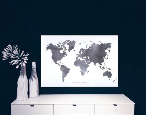 Höhenlinienkarte der welt mit landesgrenzen markiert. Weltkarte Leinwandbild Schwarz Weiß Grau | MAJA WALESKA® DE