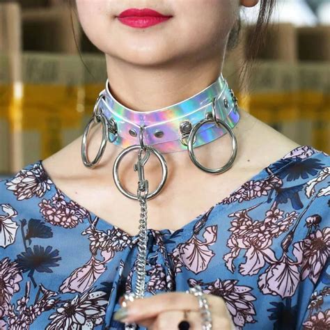 Sexy 3 Ring Choker With Chains Slave Holographic Laser Pastel Leather O Ring Choker Bondage